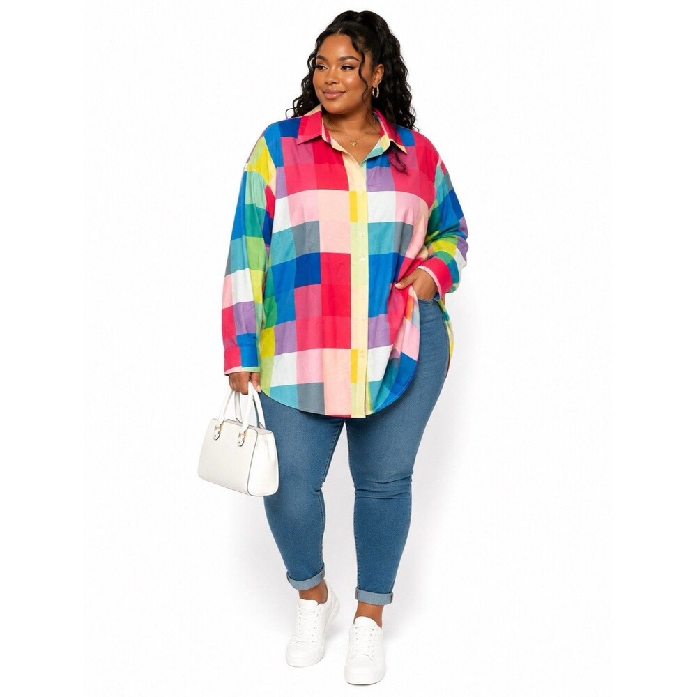 CHICME Women’s 2XL Multicolor Check Woven Long Sleeve Collared Button-Up